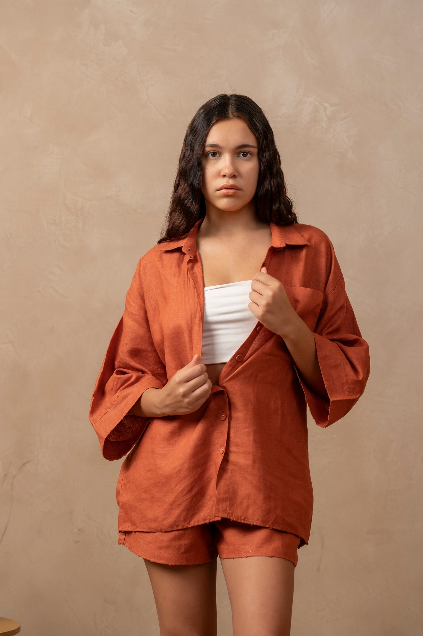 Tulua Oversized Shirt, Hemp Sustainable Fabric,  Front view, Lounge set, comfort style, Co-ord, Beach vacation outfit, work outfit, casual, formal wear, work from home