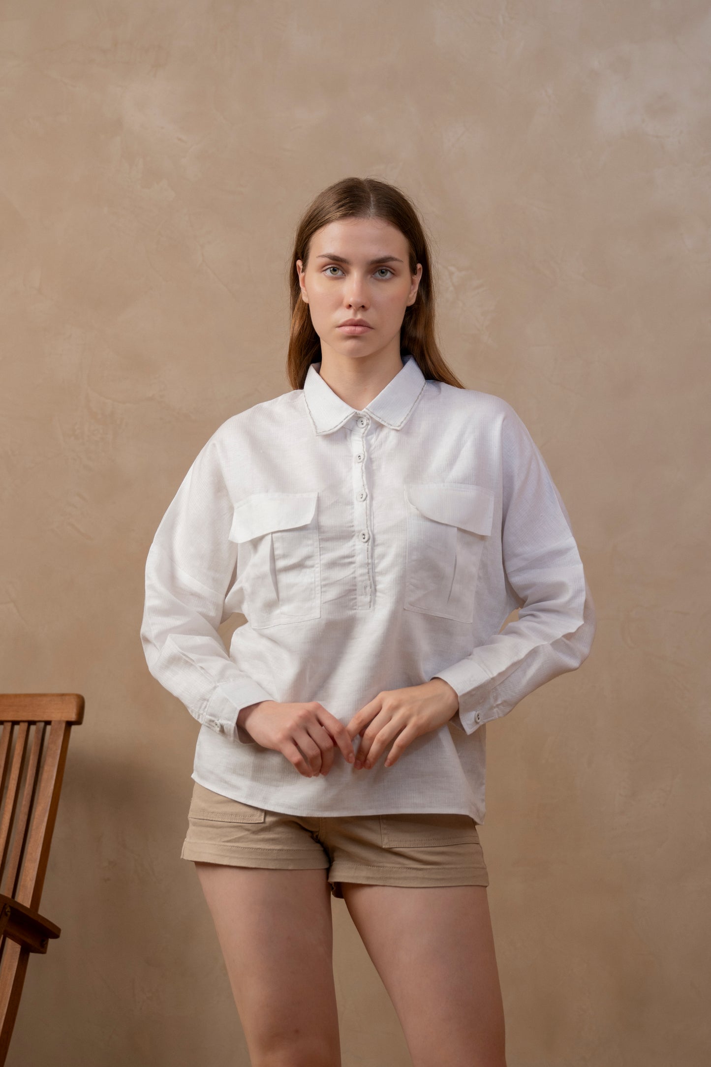 Tulua full sleeve Women's shirt, button down, collar, herringbone weave, Pockets, Hemp Fabric, Linen, hand embroidery, sustainable wardrobe, Sustainable Women's Wear, Front View.