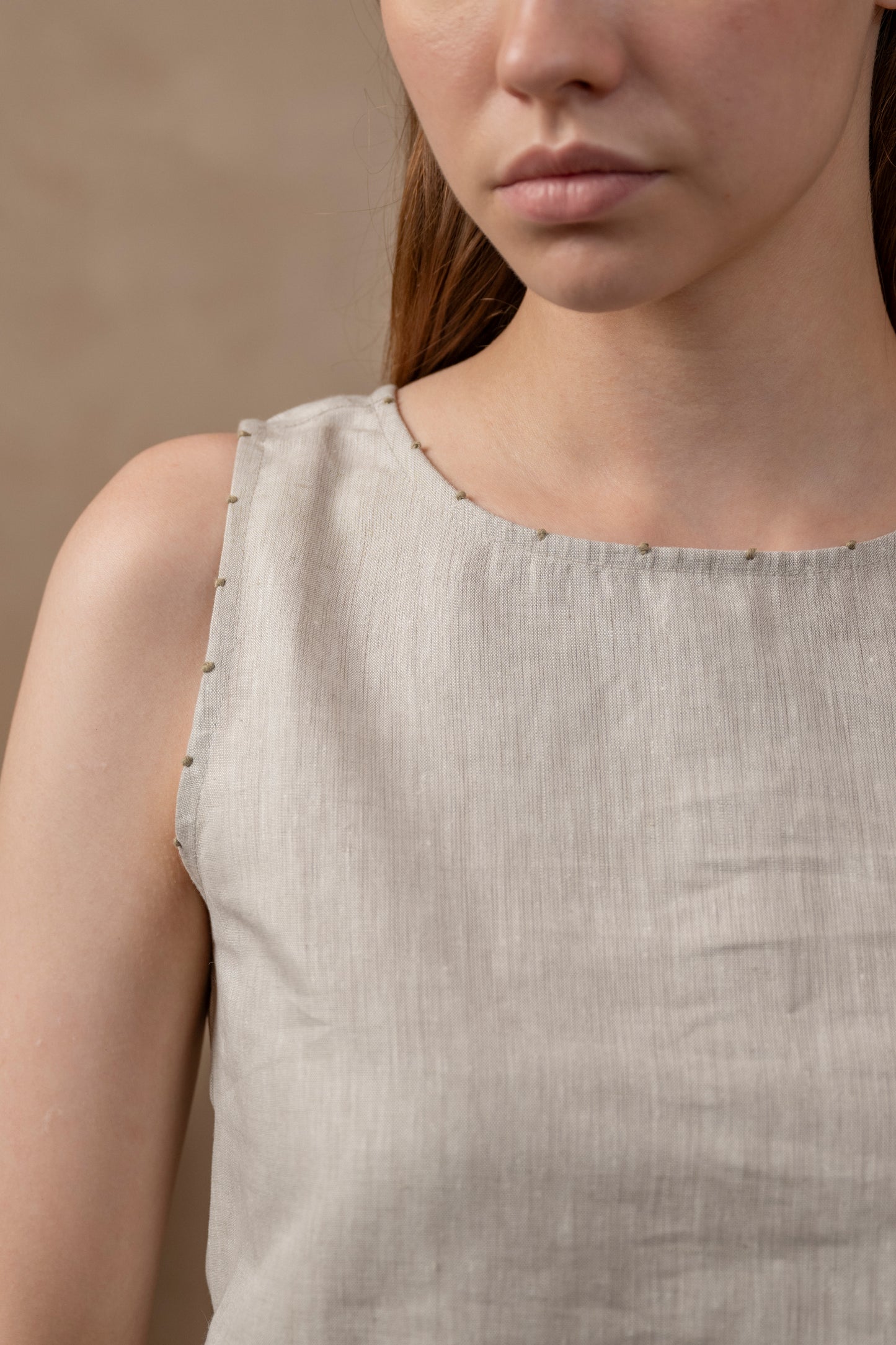 Tulua Women's Sleeveless Top, Natural Hemp Sustainable Fabric,  close up, Details, embroidery, linen