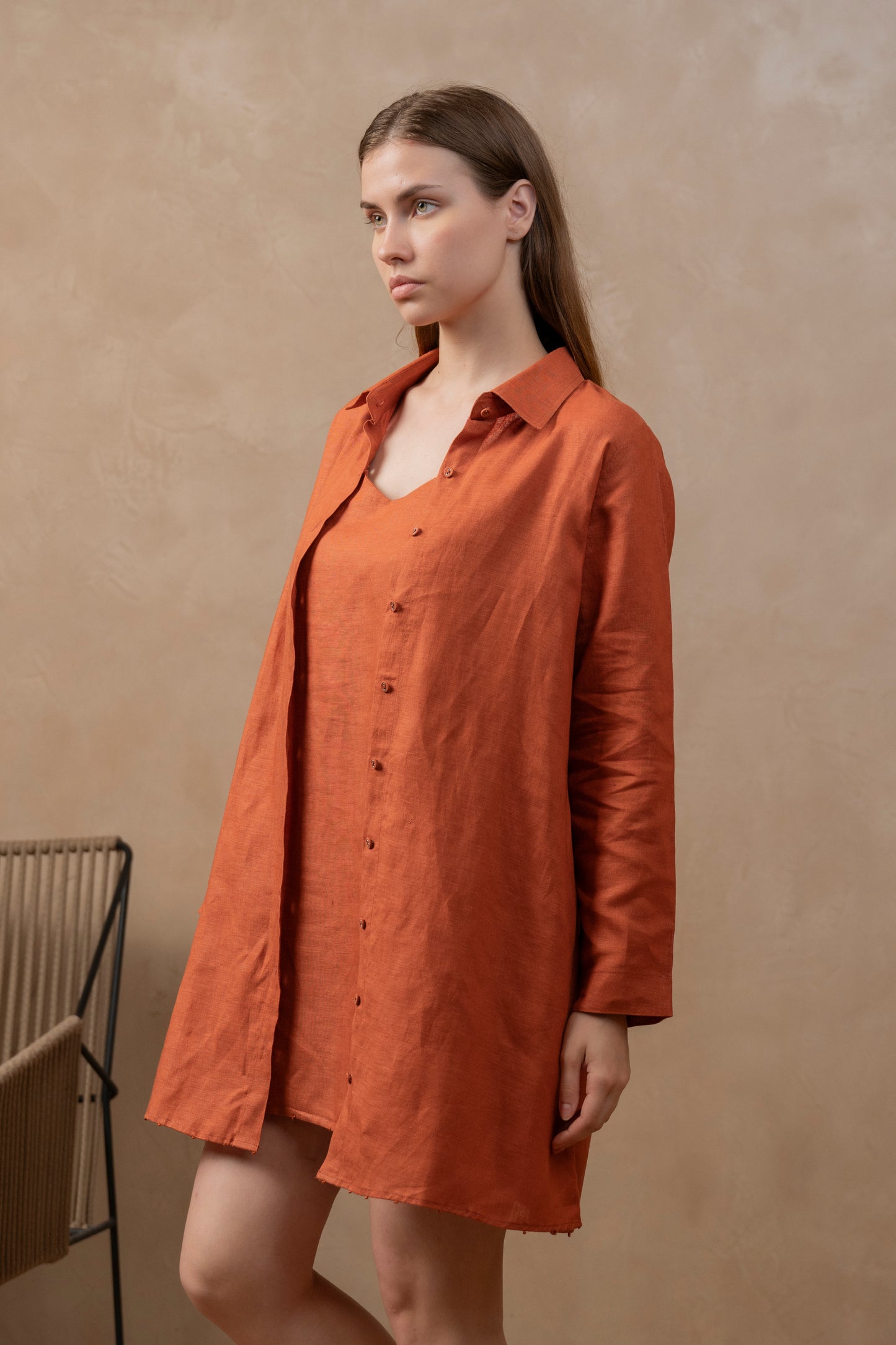 Tulua's Lounge Dress Set, Collared Shirt, Hemp Sustainable Fabric,  Side view, Lounge set, comfort style, Co-ord, work outfit, sleeveless, adjustable