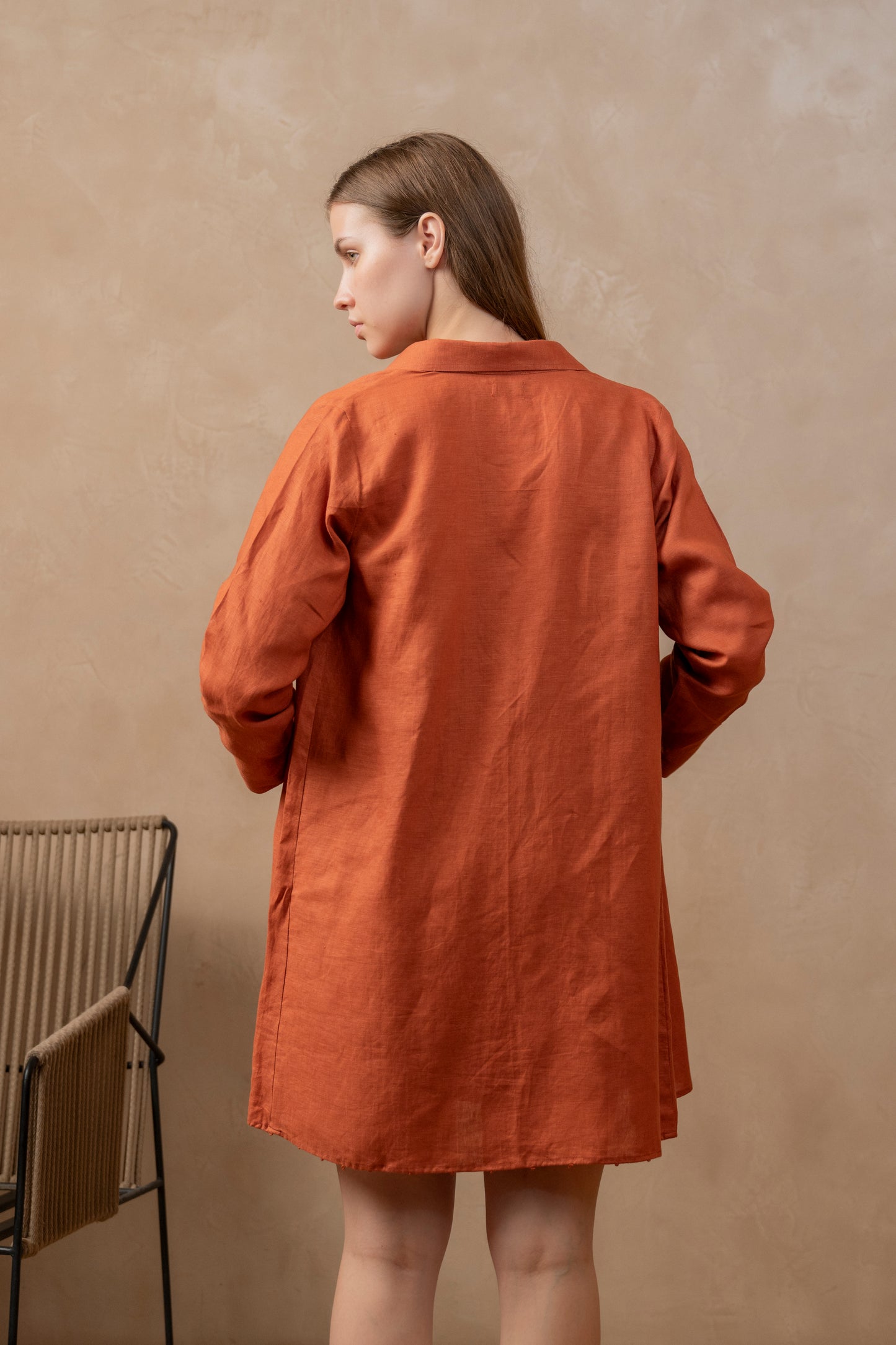 Tulua's Lounge Dress Set, Collared Shirt, Hemp Sustainable Fabric,  Back view, Lounge set, comfort style, Co-ord, work outfit, sleeveless