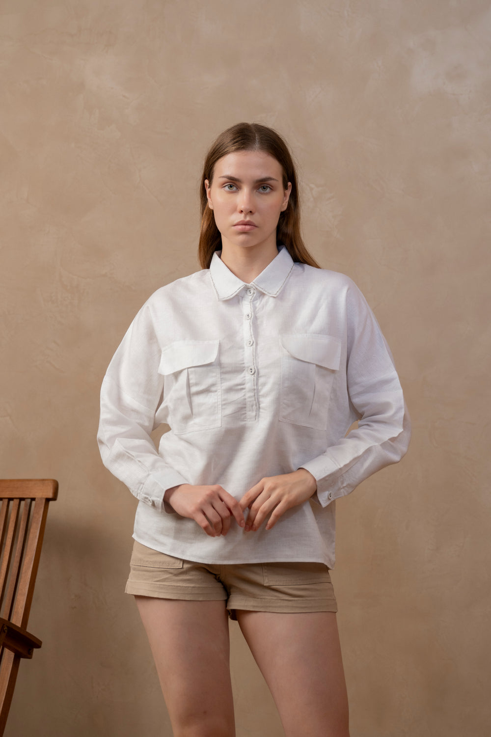 Tulua full sleeve Women's shirt, button down, collar, herringbone weave, Pockets, Hemp Fabric, Linen, hand embroidery, sustainable wardrobe, Sustainable Women's Wear, Front View. 