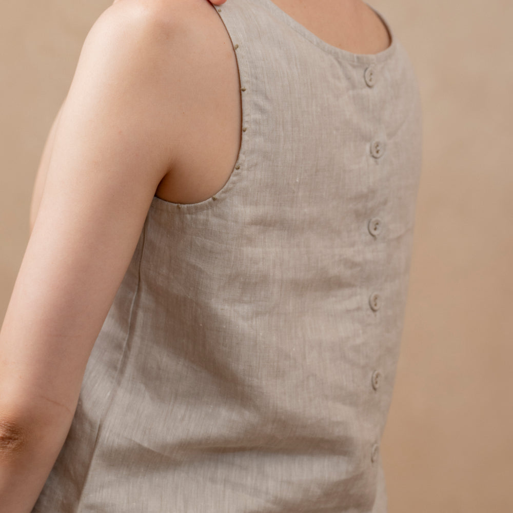 Tulua Women's Sleeveless Top, Natural Hemp Sustainable Fabric,  Back Side, Close up, buttons 