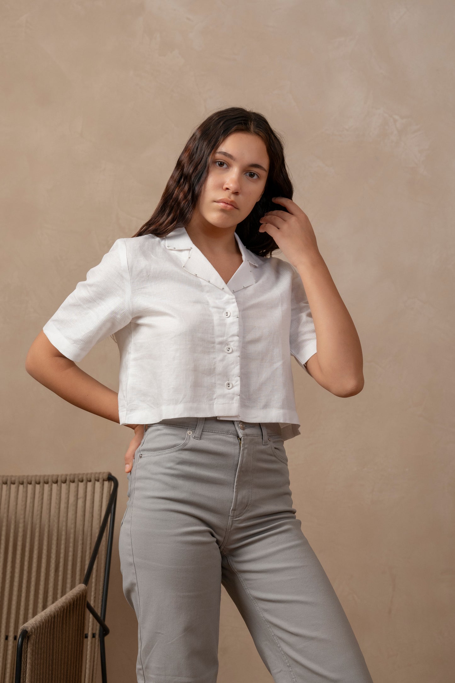 Tulua 3/4th sleeve Women's shirt, Short Sleeve, button down, collar, herringbone weave, Cropped, Hemp Fabric, Linen, hand embroidery, sustainable wardrobe, Sustainable clothing, Women's Wear, Front View. 